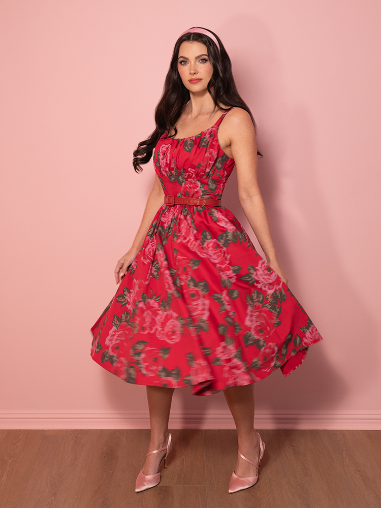 PRE-ORDER - Ingenue Swing Dress in Vintage Red Rose Print - Vixen by Micheline Pitt