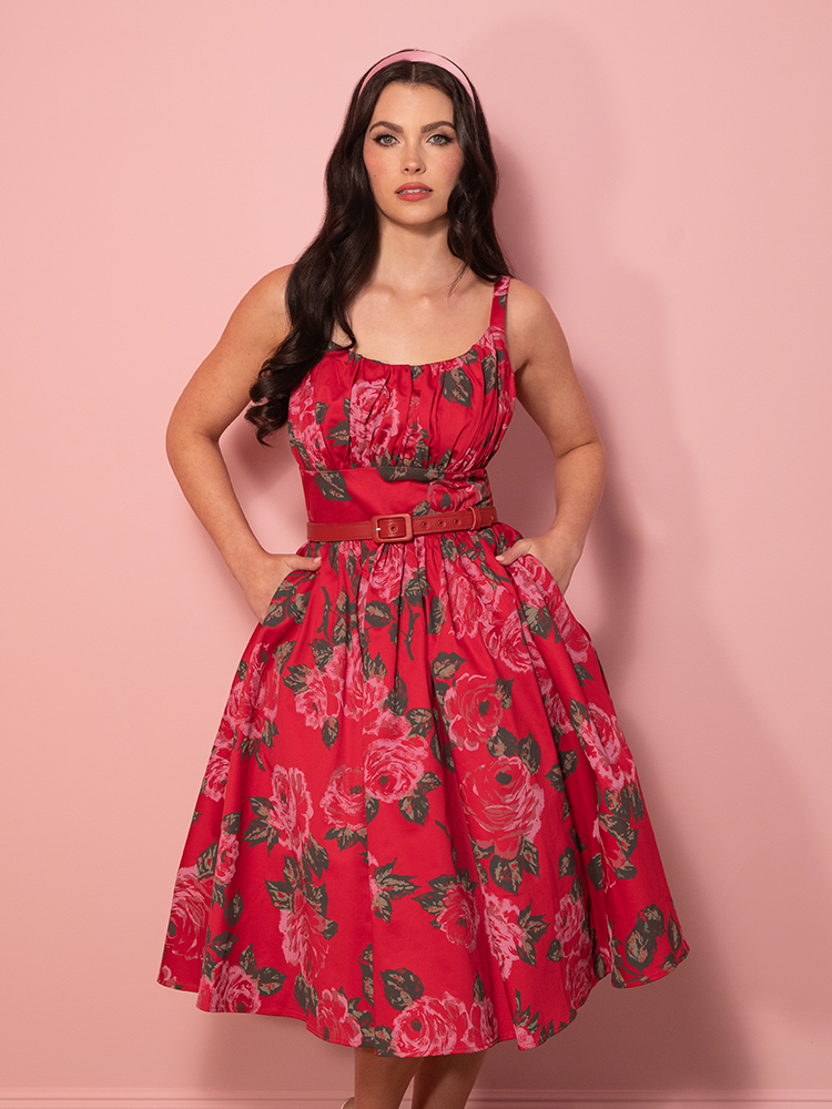 PRE-ORDER - Ingenue Swing Dress in Vintage Red Rose Print - Vixen by Micheline Pitt