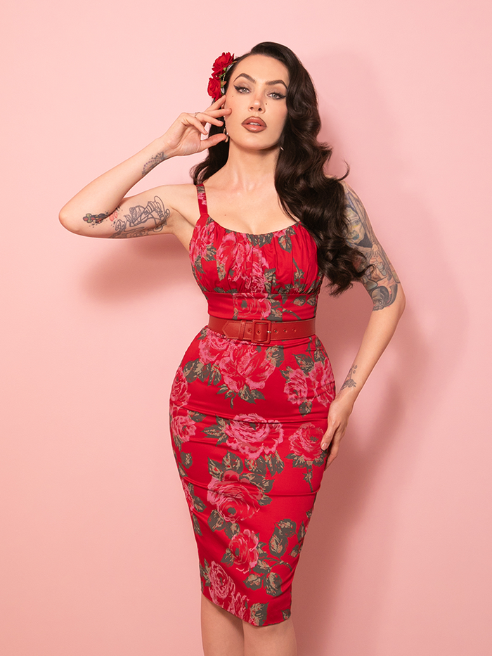 PRE-ORDER - Ingenue Wiggle Dress in Vintage Red Rose Print - Vixen by Micheline Pitt