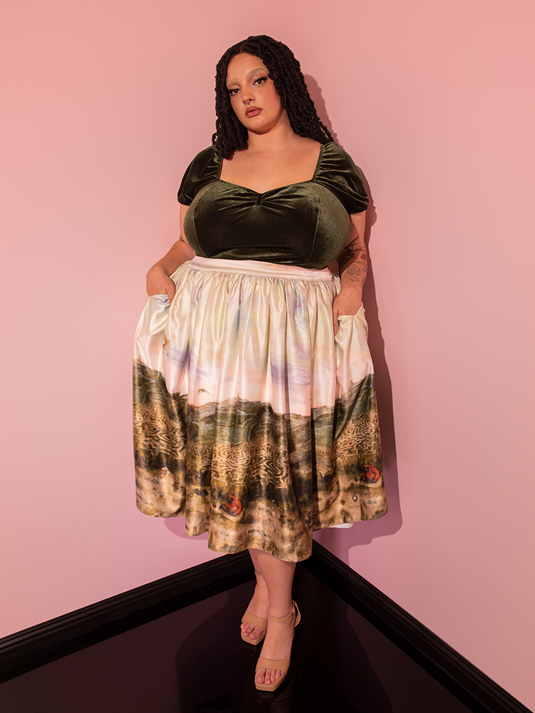Vixen Clothing's LABYRINTH™ Renaissance Skirt, adorned with the captivating Labyrinth Watercolor Print, is a visual delight on this captivating model.
