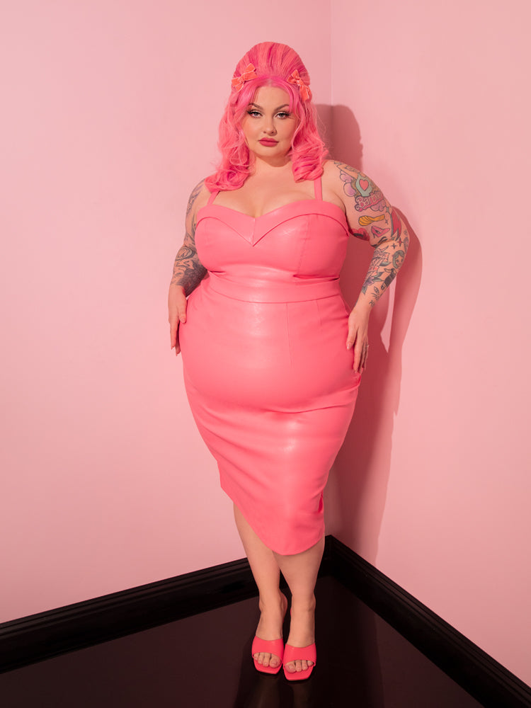Bad Girl Pencil Skirt in Flamingo Pink Vegan Leather - Vixen by Micheline Pitt