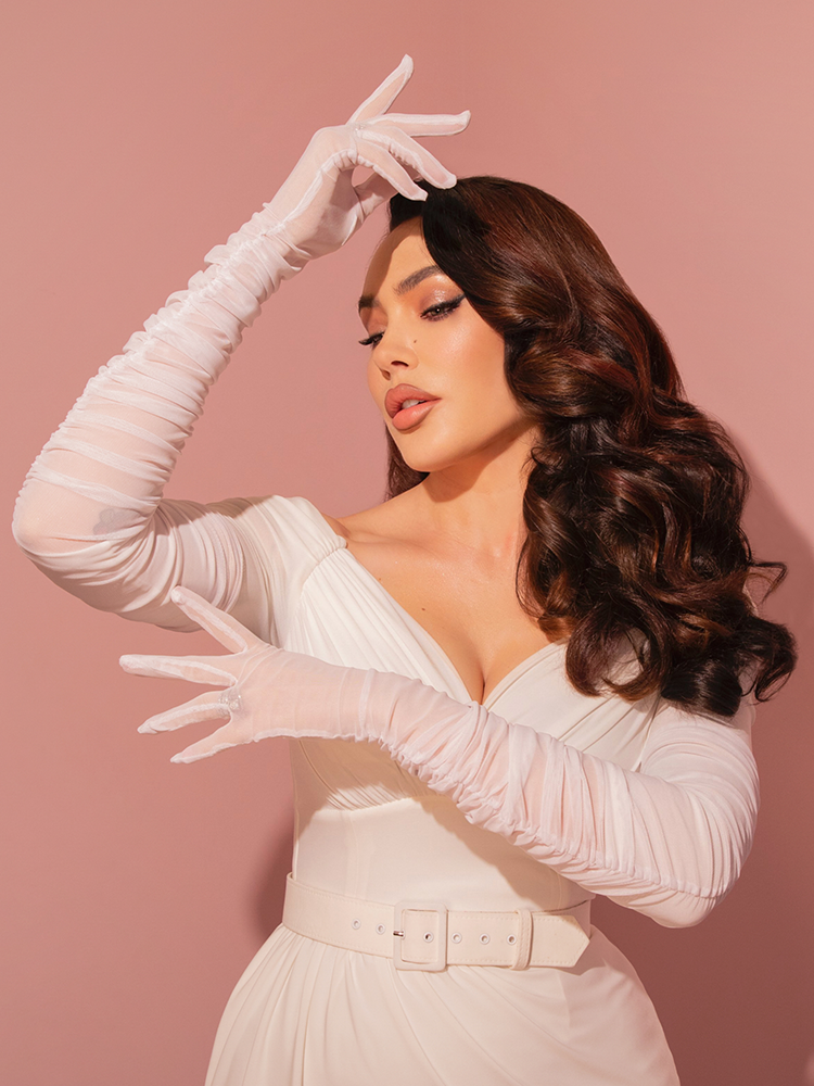 Full-Length Shirred Opera Gloves in White Full-Length Shirred Opera Gloves in White
