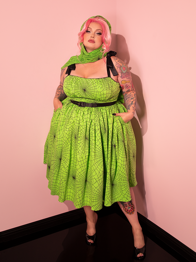 1950s Swing Sundress and Scarf in Slime Green Spider Web Print - Vixen by Micheline Pitt