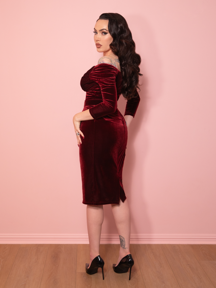 Starlet Wiggle Dress in Burgundy Velvet | Retro Era Dresses Vixen by Micheline Pitt Starlet Wiggle Dress in Burgundy Velvet | Retro Era Dresses Vixen by Micheline Pitt