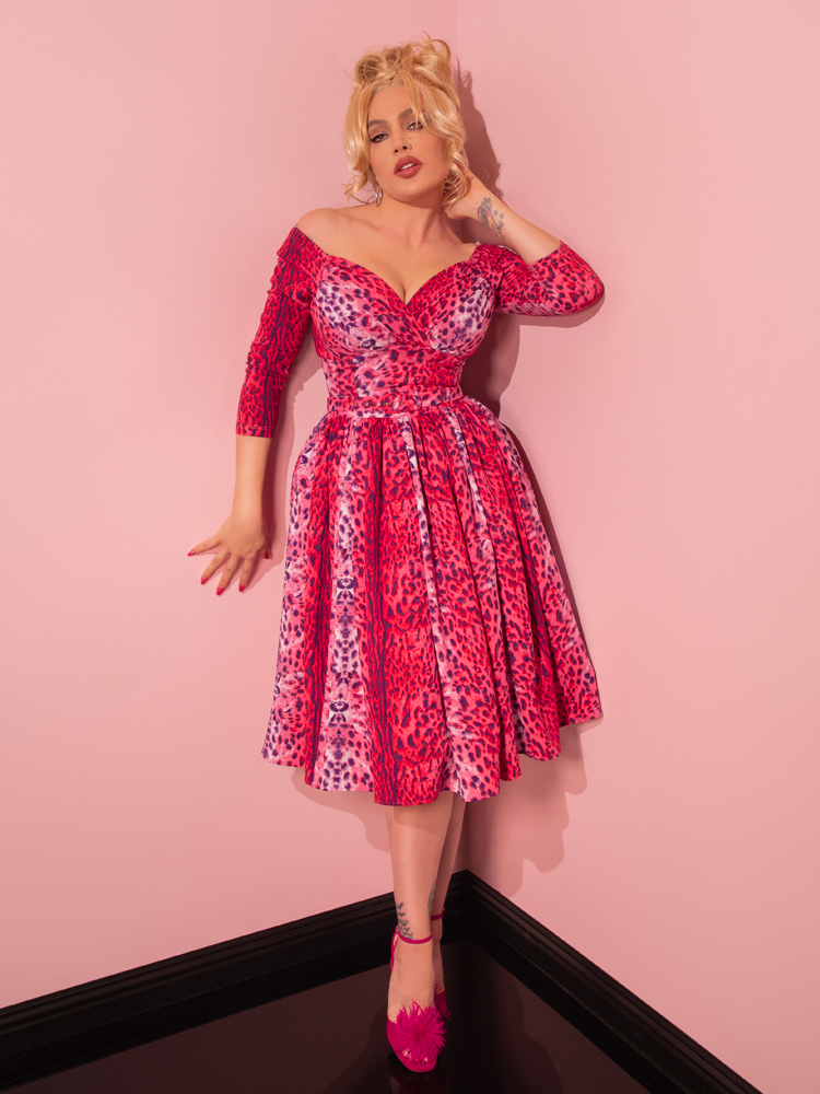 Starlet Swing Dress in Pink Leopard Print | Retro Clothing Vixen by Micheline Pitt Starlet Swing Dress in Pink Leopard Print | Retro Clothing Vixen by Micheline Pitt
