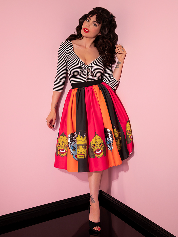 PRE-ORDER - Vixen Swing Skirt in Striped Monster Mask Print in Pink  - Vixen by Micheline Pitt