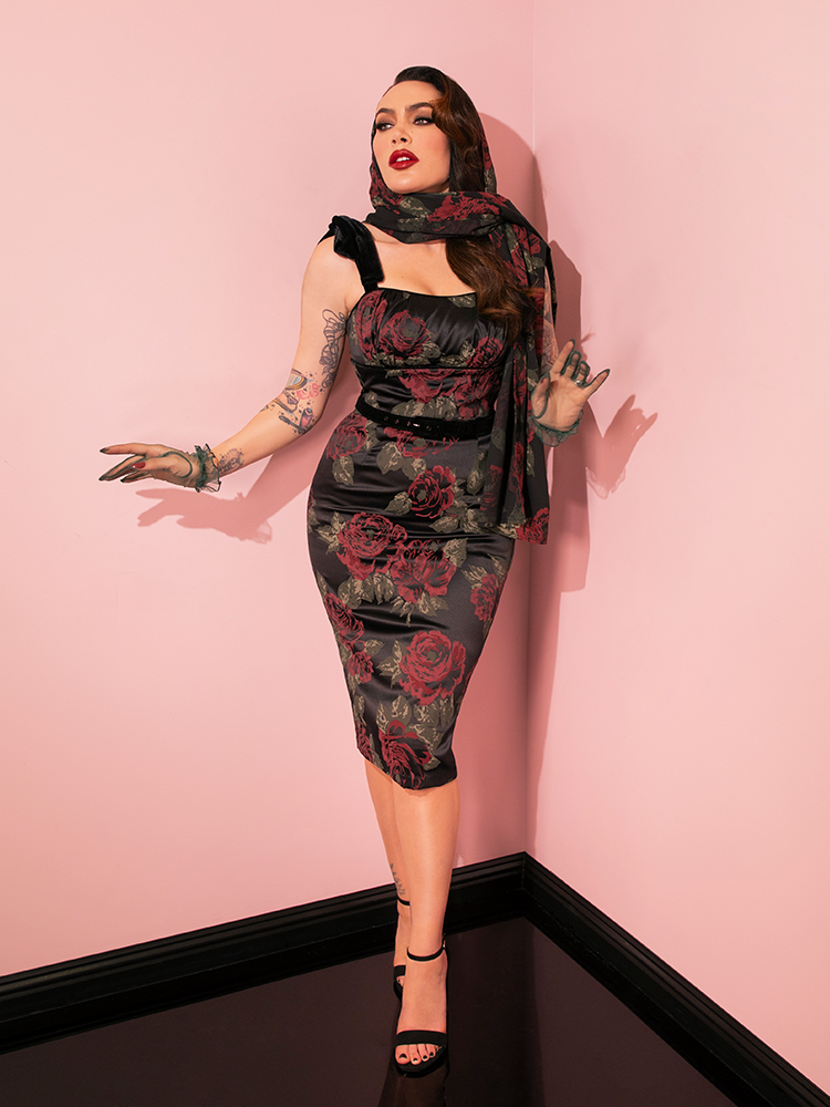 Satin Wiggle Sundress Scarf in Black Vintage Roses Retro