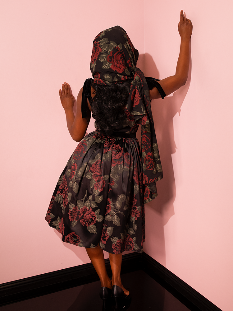 PRE-ORDER - 1950s Satin Swing Sundress and Scarf in Black Vintage Roses - Vixen by Micheline Pitt