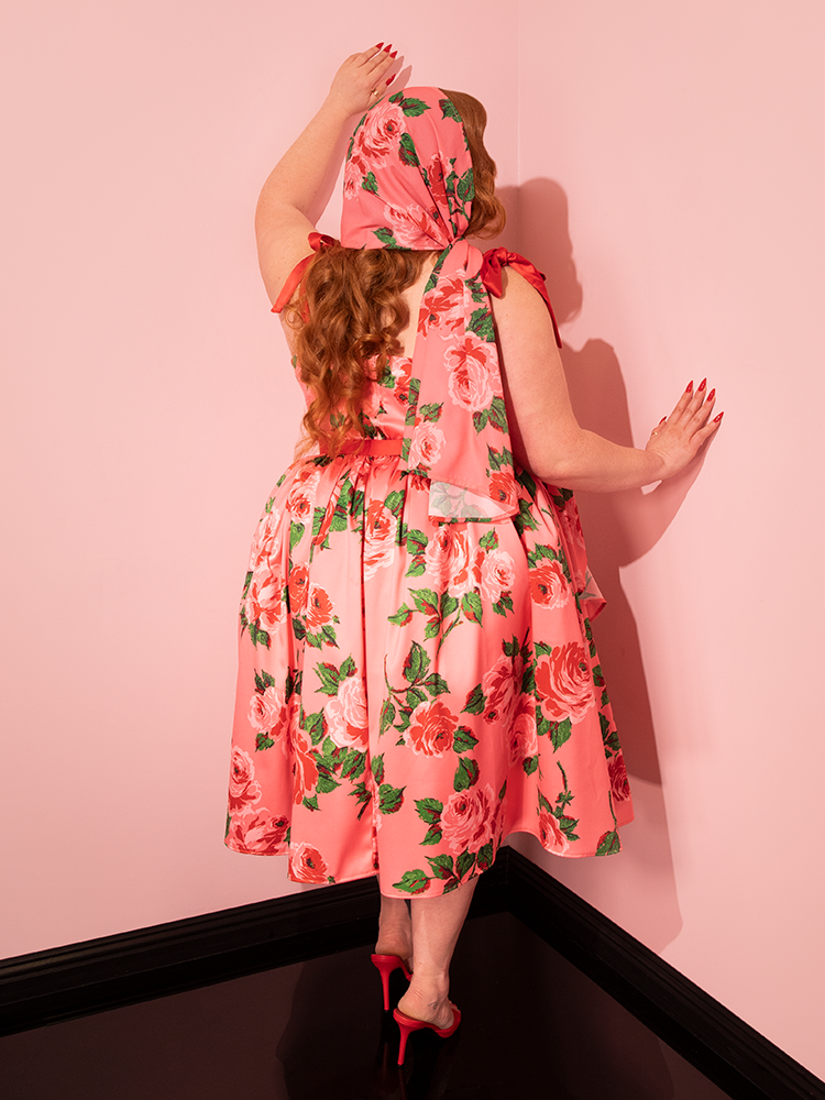 1950s Satin Swing Sundress and Scarf in Pink Vintage Roses - Vixen by Micheline Pitt