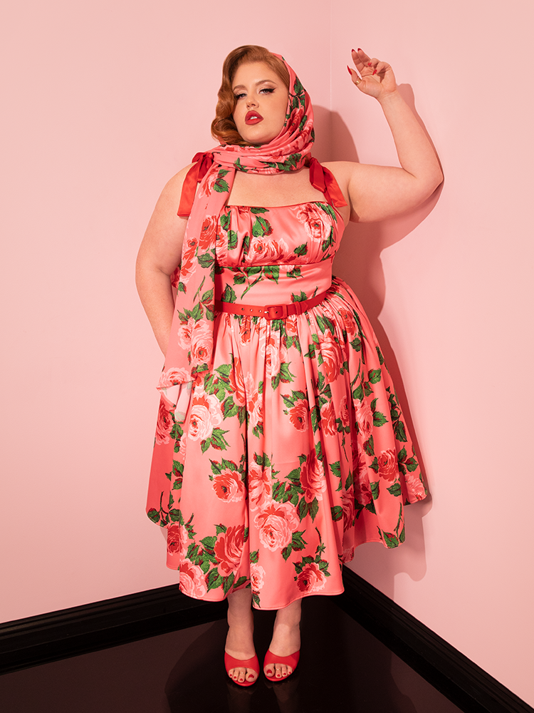 GownTown Women's 1950s Style Midi Shirt Dress - Pink Cocktail Dress With Belt & Lace Top, Size X-Large