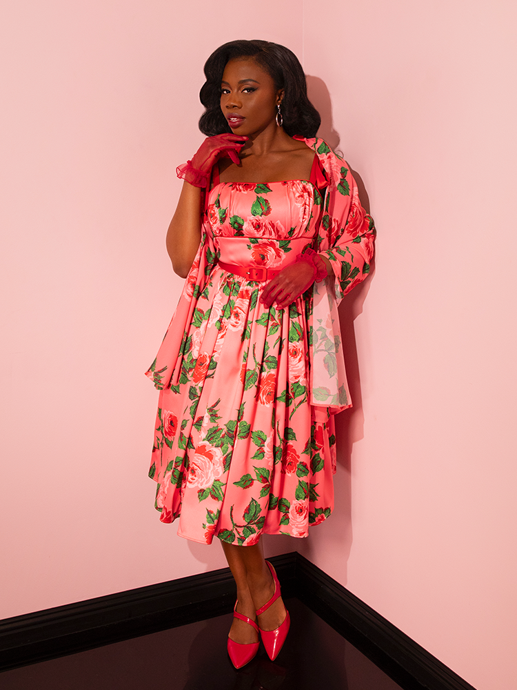 PRE-ORDER - 1950s Satin Swing Sundress and Scarf in Pink Vintage Roses - Vixen by Micheline Pitt