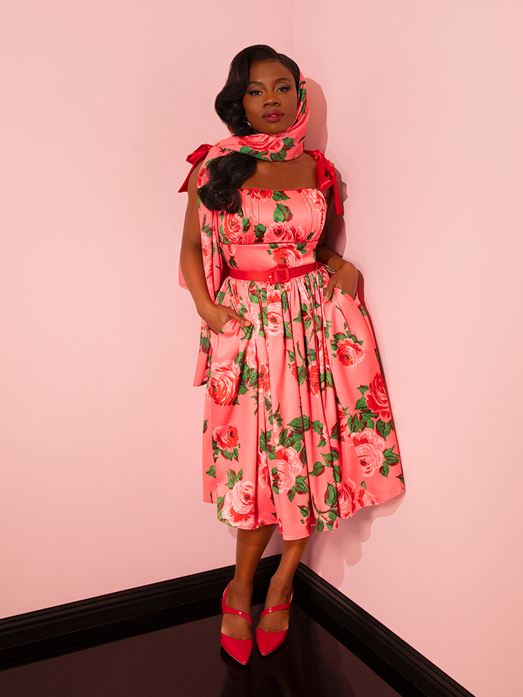 PRE-ORDER - 1950s Satin Wiggle Sundress and Scarf in Black Vintage Roses - Vixen by Micheline Pitt