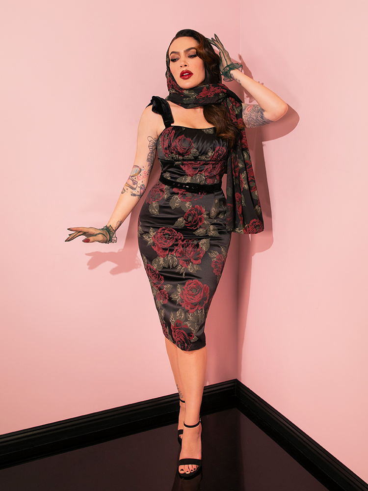 Vixen Clothing's Black Vintage Roses 1950s Satin Wiggle Sundress and Scarf takes the spotlight as beautiful retro models display a variety of poses.