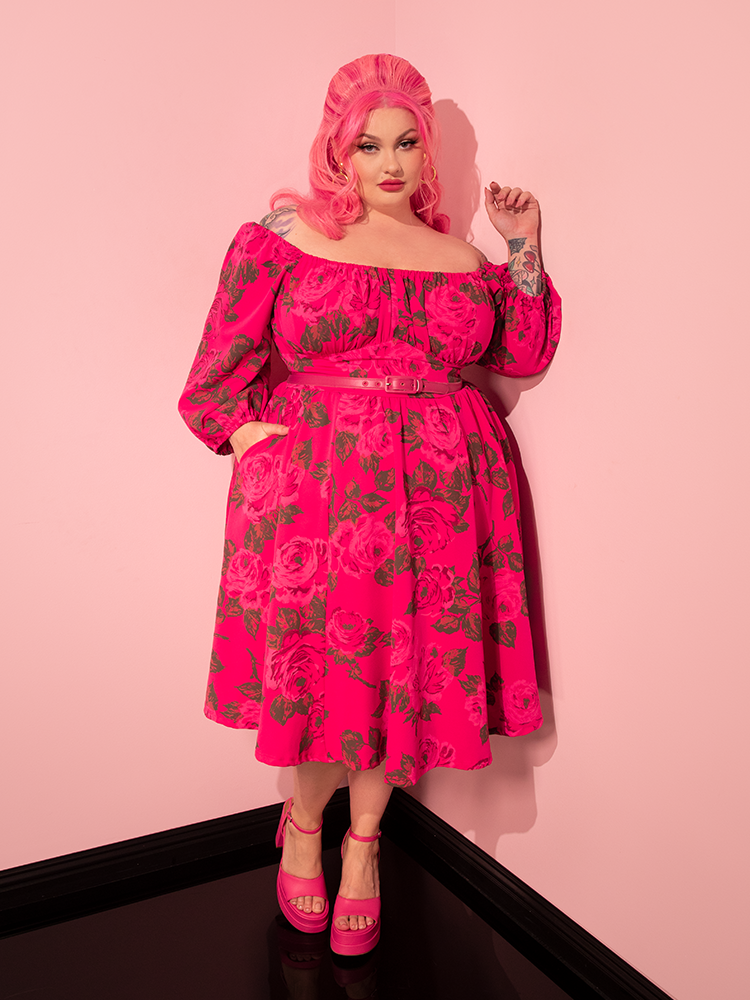Vacation Dress in Vintage Hot Pink Roses | Retro Dresses Vixen by Micheline Pitt Vacation Dress in Vintage Hot Pink Roses | Retro Dresses Vixen by Micheline Pitt