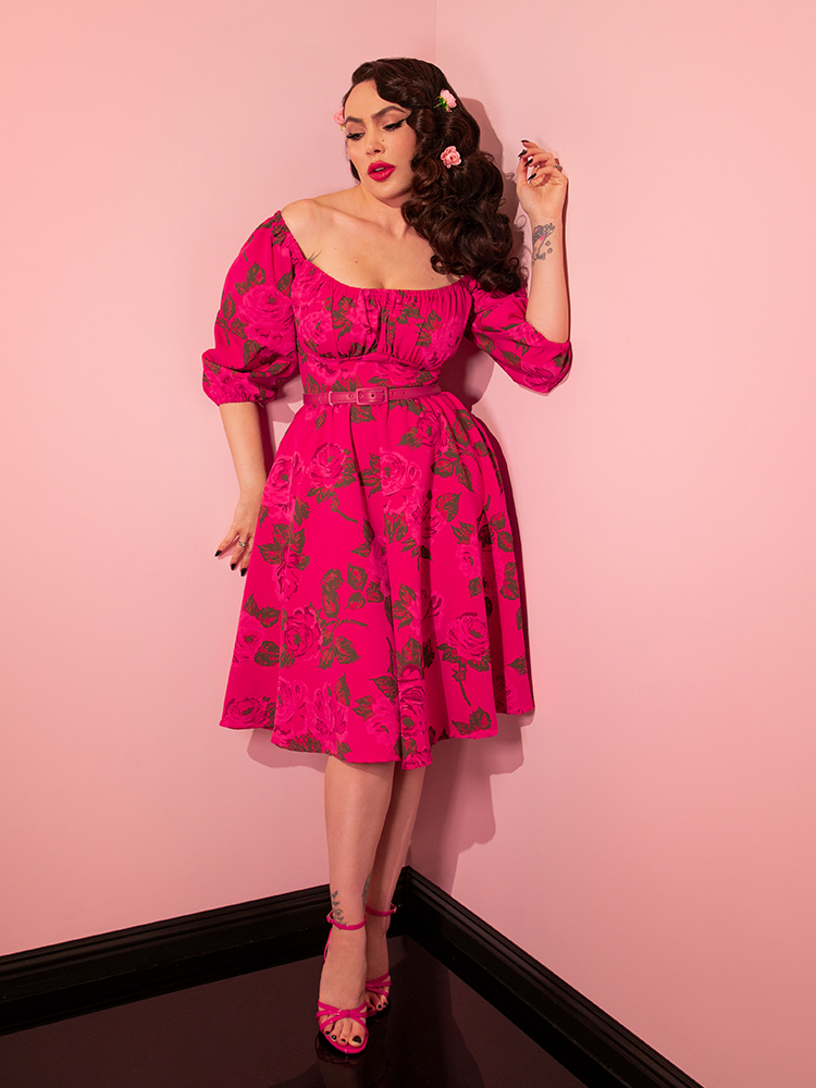 Vacation Dress in Vintage Hot Pink Roses | Retro Dresses Vixen by Micheline Pitt Vacation Dress in Vintage Hot Pink Roses | Retro Dresses Vixen by Micheline Pitt