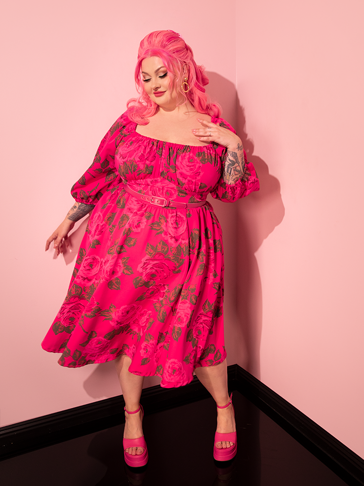 Vacation Dress in Vintage Hot Pink Roses - Vixen by Micheline Pitt