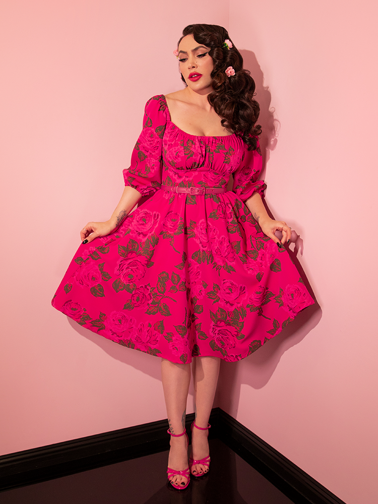 Pink Retro Flower Dress Tea Dress Fuchsia Floral – Lady V London