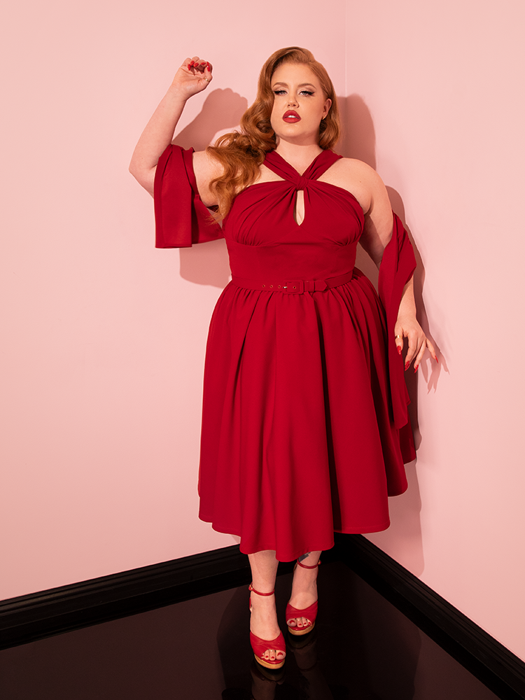 Golden Era Swing Dress and Scarf in Ruby Red Vixen by Micheline Pitt