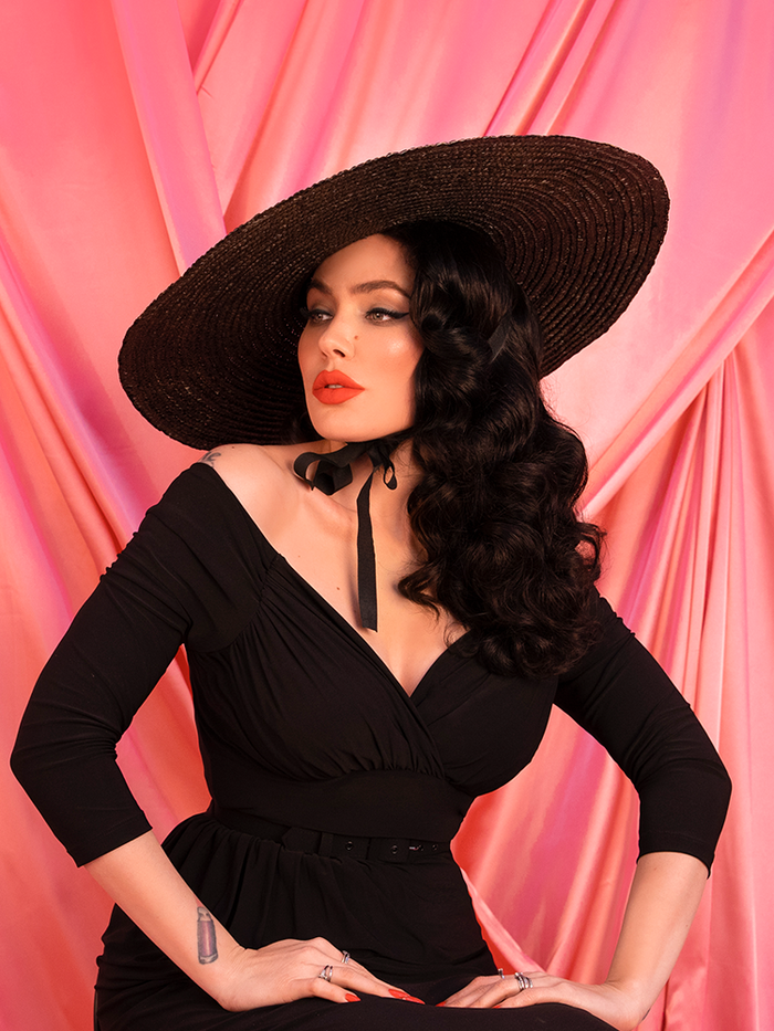 Micheline Pitt modeling the Large Vintage SUn Hat in Black from retro clothing designer and retailer Vixen Clothing,