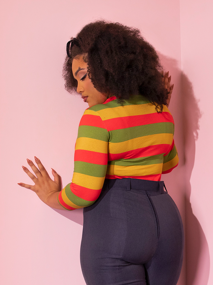 The Bad Girl 3/4 Sleeve Top in Orange/Yellow/Avocado Stripes from Vixen Clothing.