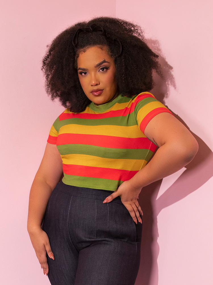 The Bad Girl Crop Top in Orange/Yellow/Avocado Stripes from retro clothing brand Vixen Clothing.