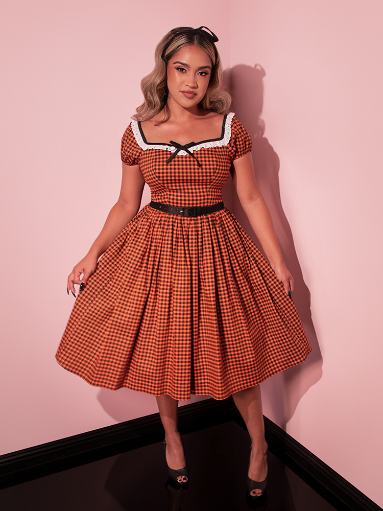 Bardot Beauty Swing Dress in Orange Pumpkin Gingham - Vixen by Micheline Pitt