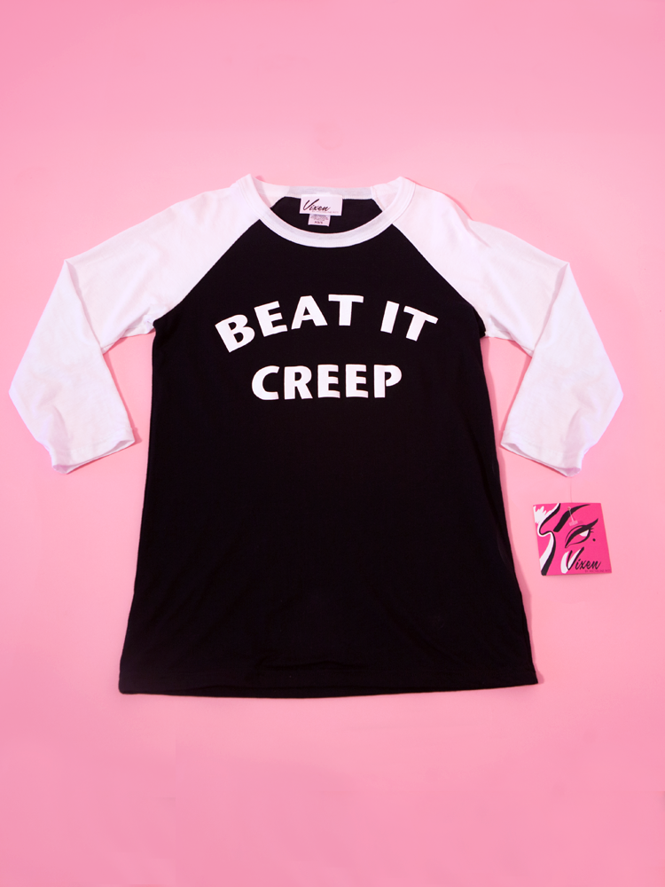 A product photo of the Beat It Creep raglan t-shirt by Vixen Clothing.