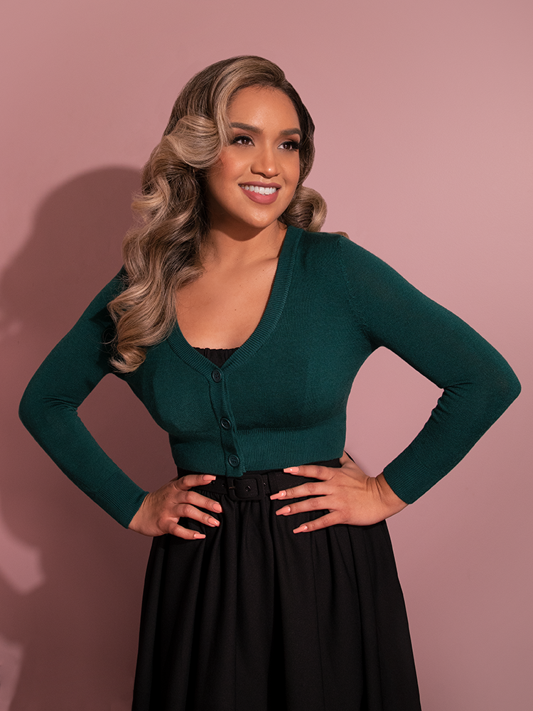 Gaby looks stunning as she models the all new Cropped V-Neck Cardigan in Hunter Green from Vixen Clothing in her latest photo shoot.