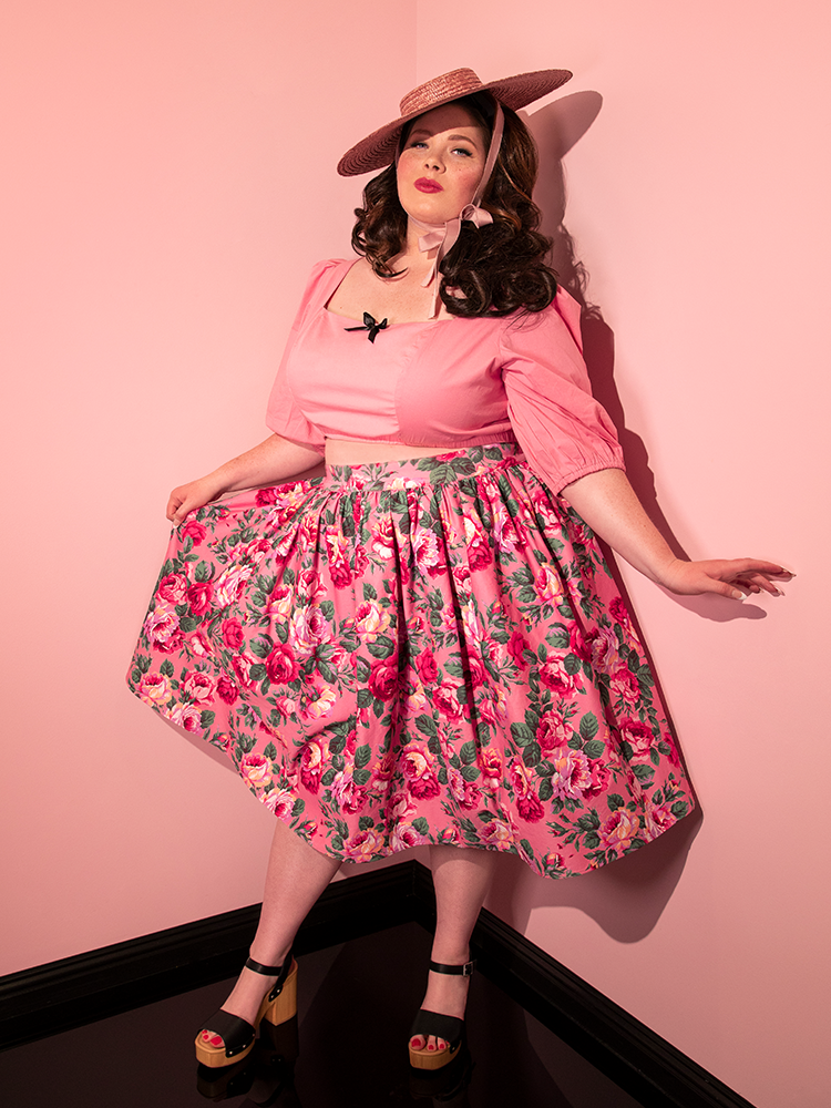 FINAL SALE - Vixen Swing Skirt in Pink Rose Print - Vixen by Micheline Pitt
