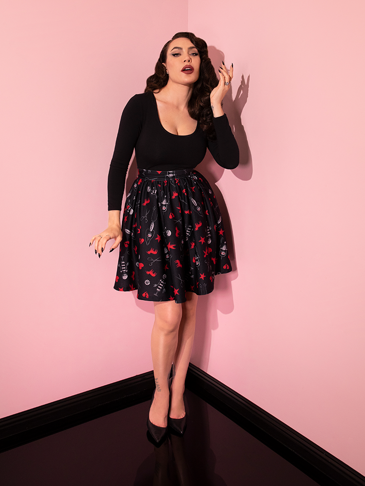 The EDWARD SCISSORHANDS Skater Skirt in “I am not complete” Novelty Print from Vixen Clothing.