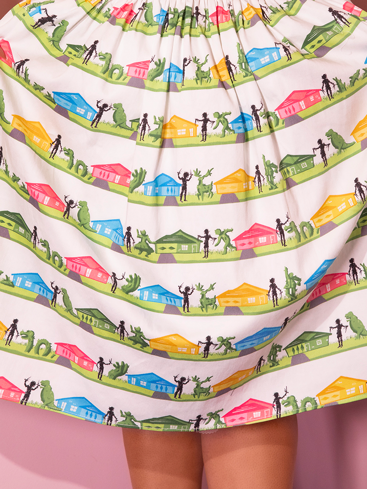 Close-up of the print on the EDWARD SCISSORHANDS Swing Skirt in Suburban Topiary Novelty Print from retro clothing company Vixen Clothing.