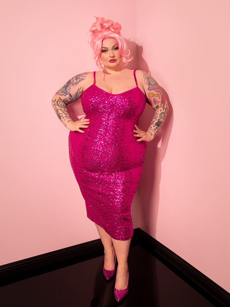 Glitz Glamour Dress in Hot Pink Sequins 1950s Retro Dress