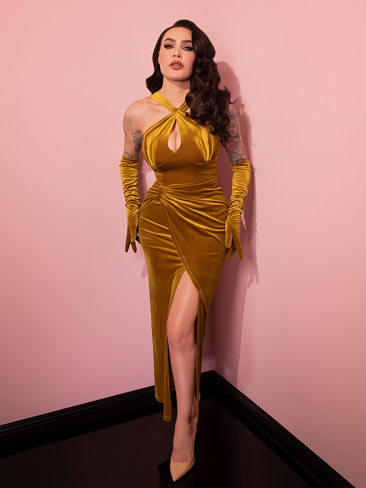 Golden Era Gown in Gold | Vintage Inspired Dress Vixen by Micheline Pitt Golden Era Gown in Gold | Vintage Inspired Dress Vixen by Micheline Pitt