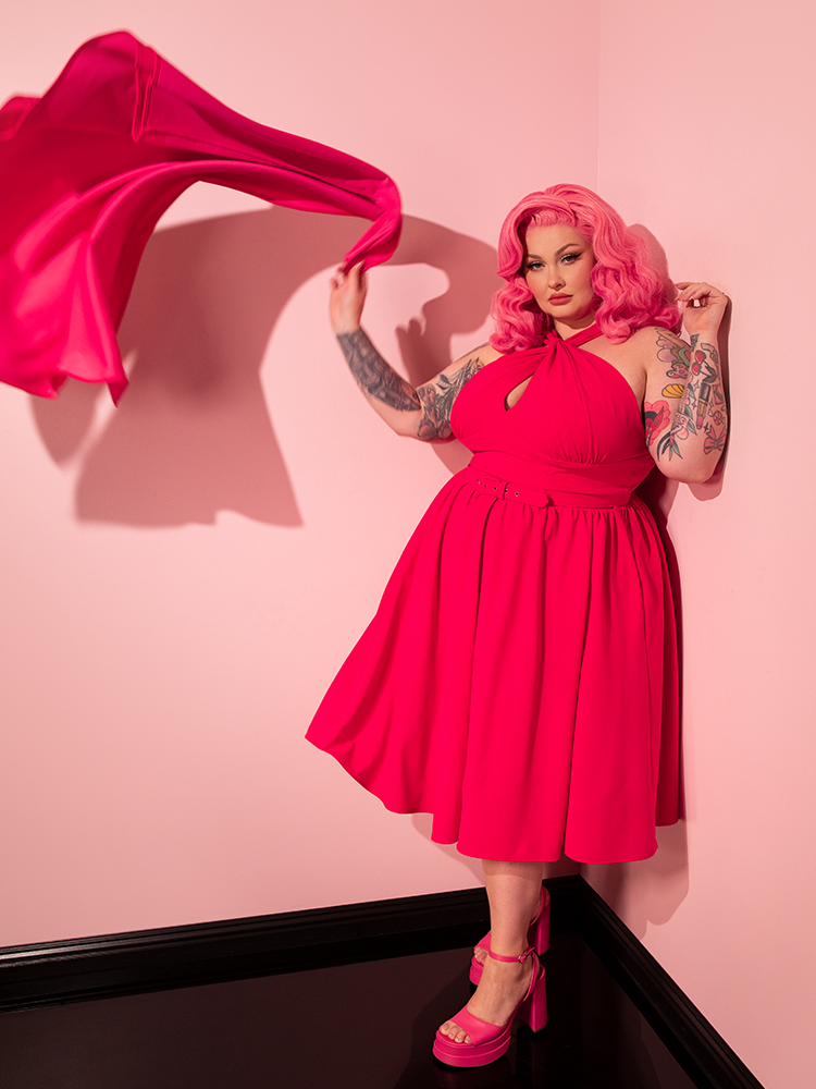 Golden Era Swing Dress and Scarf in Hot Pink - Vixen by Micheline Pitt