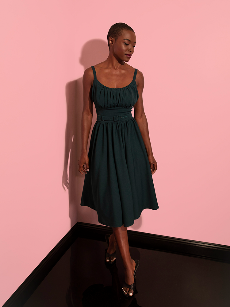 The Ingenue Dress in Hunter Green from retro clothing and dress company Vixen Clothing.