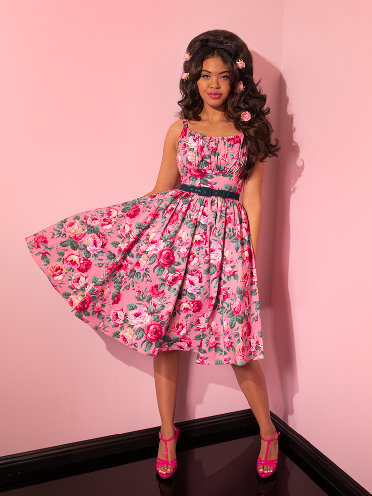 Full length shot of the Ingenue Dress in Pink Rose Print being worn by Danelly. 