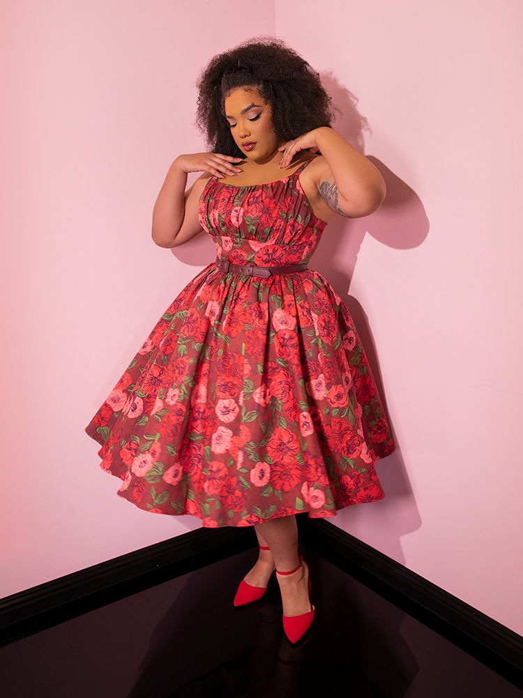 The Ingenue Dress in Chocolate Rose Print from retro dress brand Vixen Clothing.