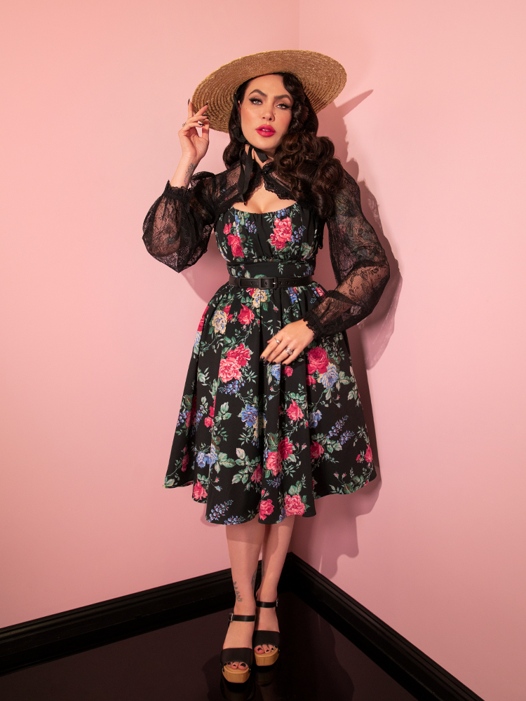 The Ingenue Dress in Black Rose Print from retro dress company Vixen Clothing.