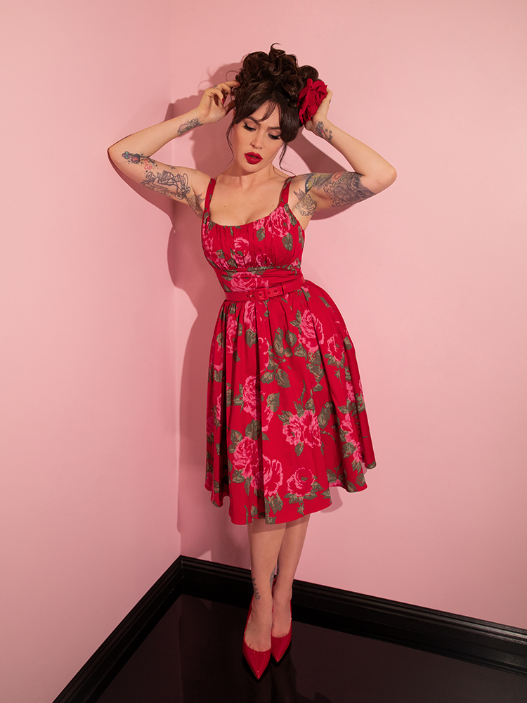 The Ingenue Swing Dress in Vintage Red Rose Print from Micheline Pitt's retro dress company Vixen Clothing.