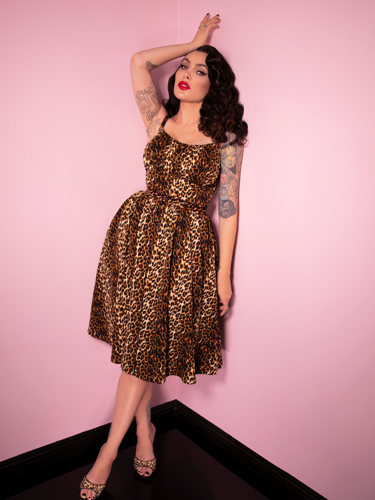 Full length photo of Micheline Pitt in the Ingenue Dress in Vintage Leopard Print from Vixen Clothing.