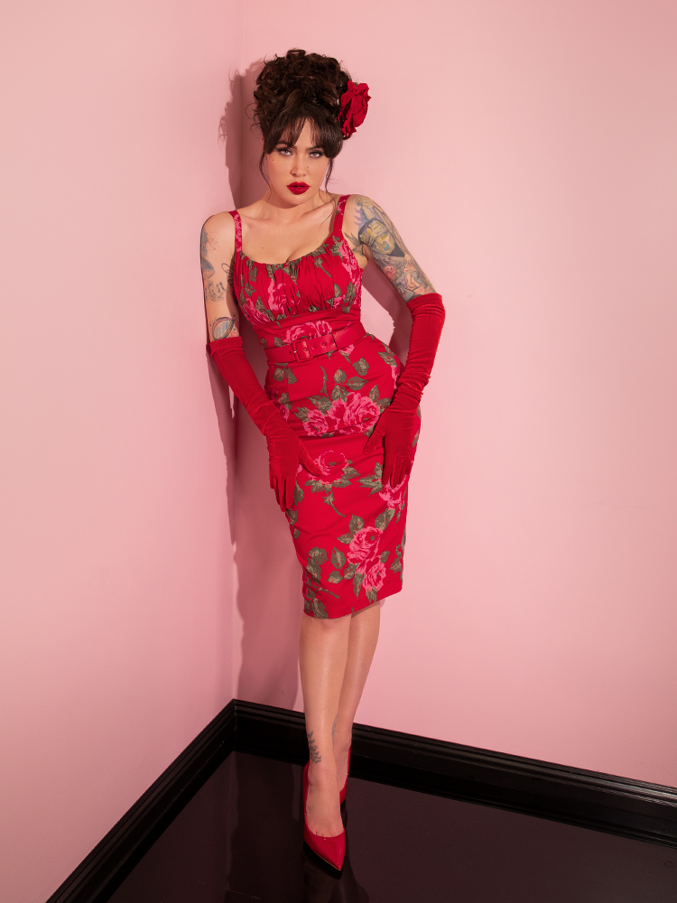 Full length shot of the Ingenue Wiggle Dress in Vintage Red Rose Print from retro clothing company Vixen Clothing.