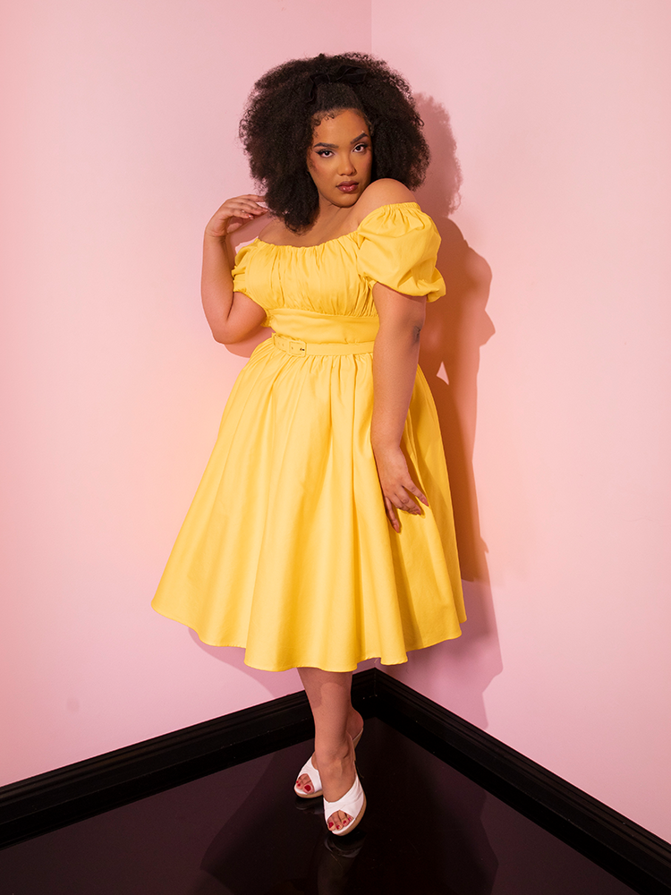 The Lakeland Dress in Yellow from retro dress company Vixen Clothing.