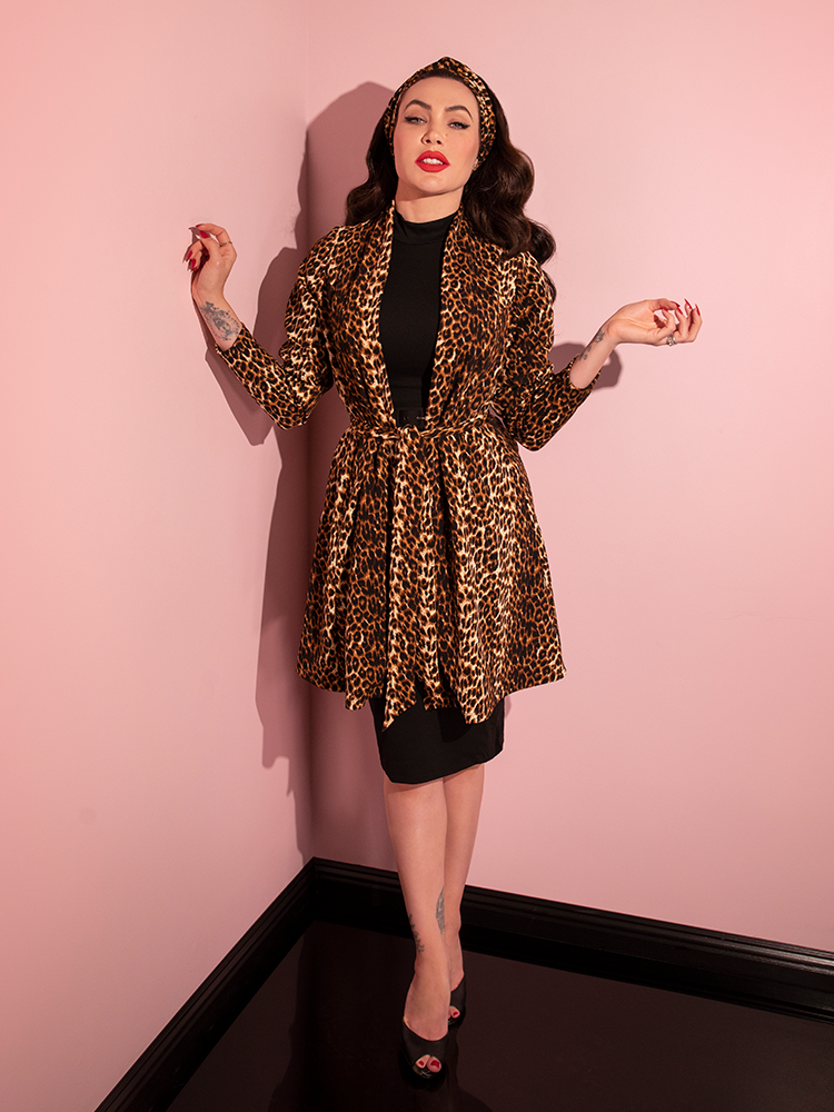 The Vintage Leopard Cardigan Coat being worn by model.