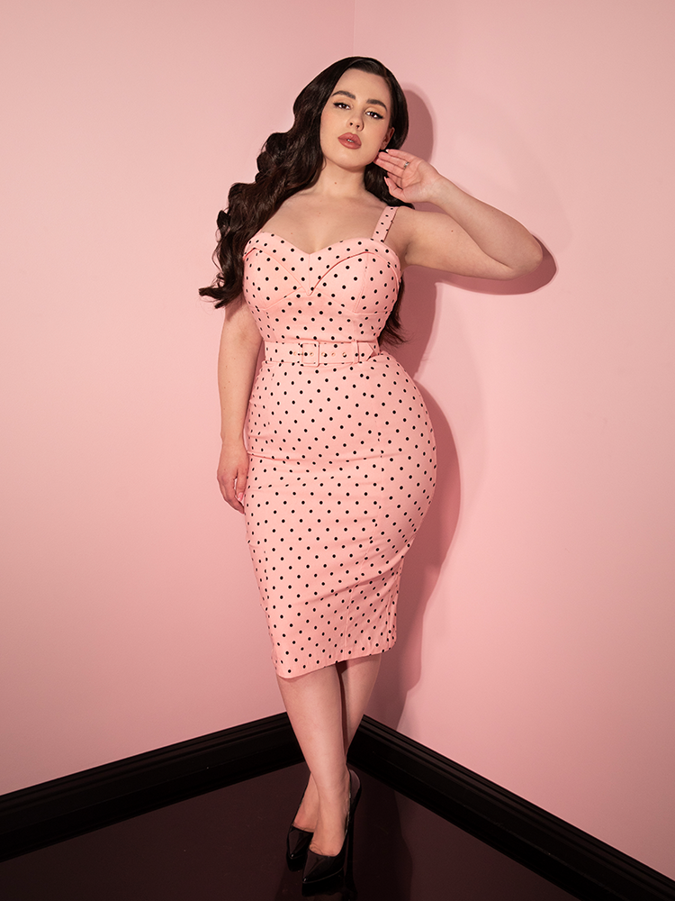 Maneater Wiggle Dress in Rose Pink Polka Dot - Vixen by Micheline Pitt M Maneater Wiggle Dress in Rose Pink Polka Dot - Vixen by Micheline Pitt M