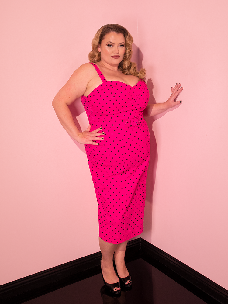 Maneater Wiggle Dress in Hot Pink Polka Dot - Vixen by Micheline Pitt