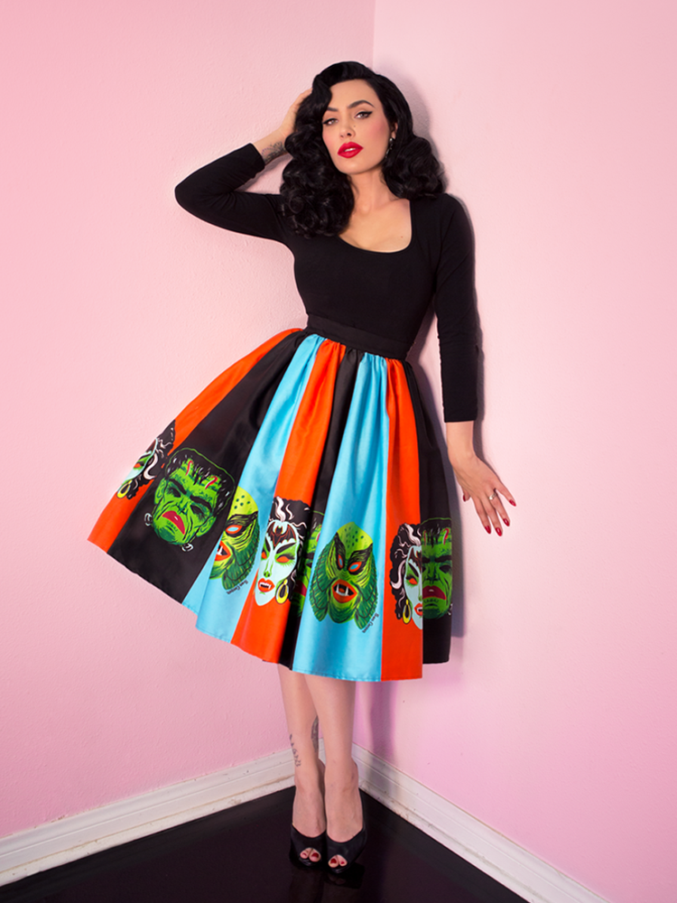 PRE-ORDER - Vixen Swing Skirt in Striped Monster Mask Print - Vixen by Micheline Pitt