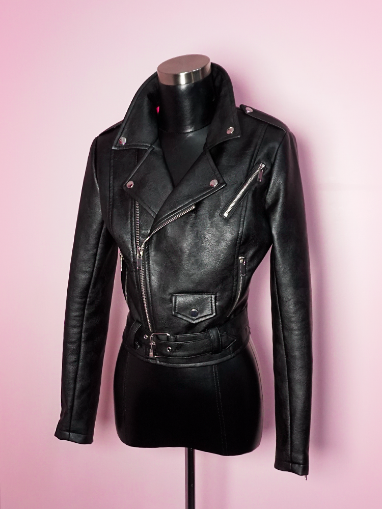 Solo product shot of the front of the Bad Girl Cropped Motorcycle Jacket in Vegan Leather.