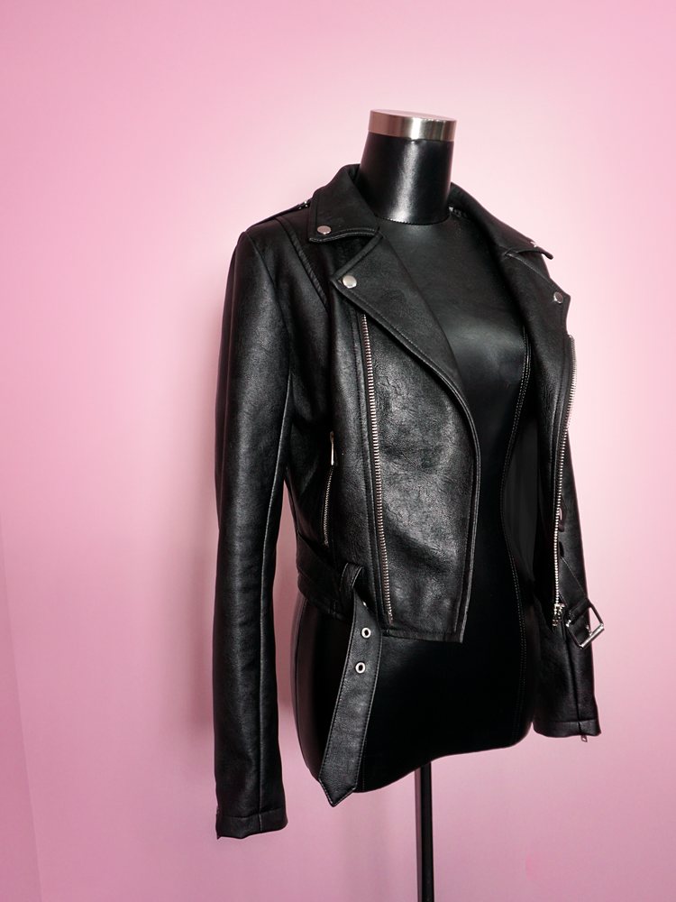 Product shot of the left side of the Bad Girl Cropped Motorcycle Jacket in Vegan Leather from Vixen Clothing.