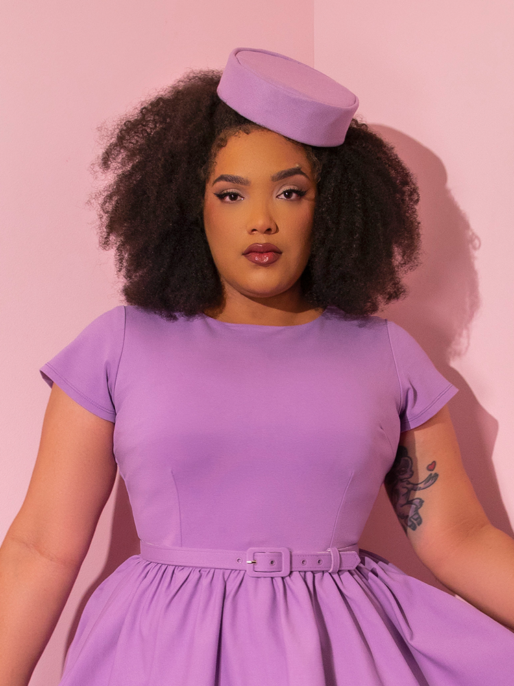 Vintage Pillbox Hat in Lilac - from vintage style clothing company Vixen Clothing.