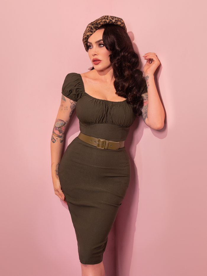 Peasant Wiggle Dress in Olive Green - Vixen by Micheline Pitt